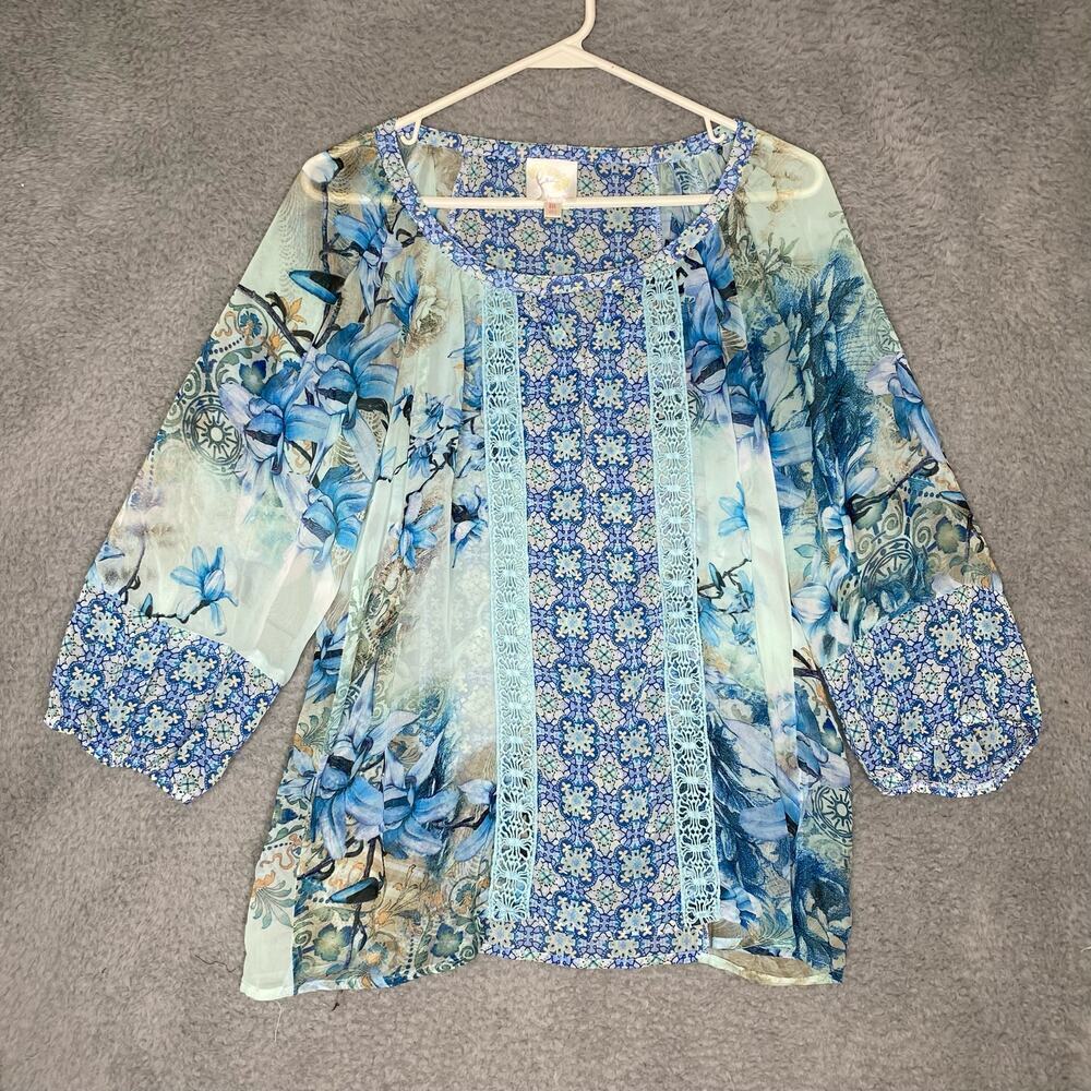 Anthropologie fig & Flower floral sheer blouse balloon sleeve geometric lace M